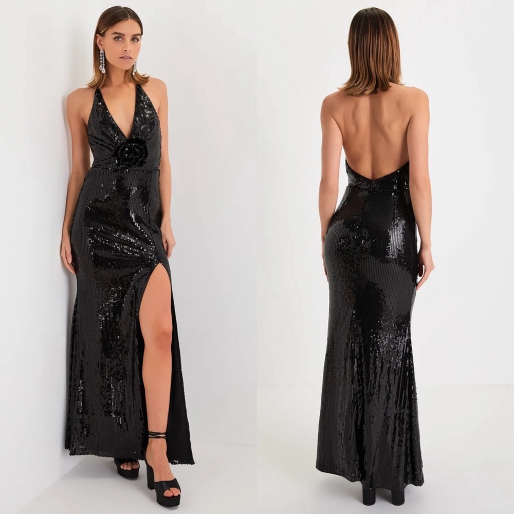 NWT Lulus Black Sequin Pretty Sensational Rosette Halter Maxi Dress Womens M